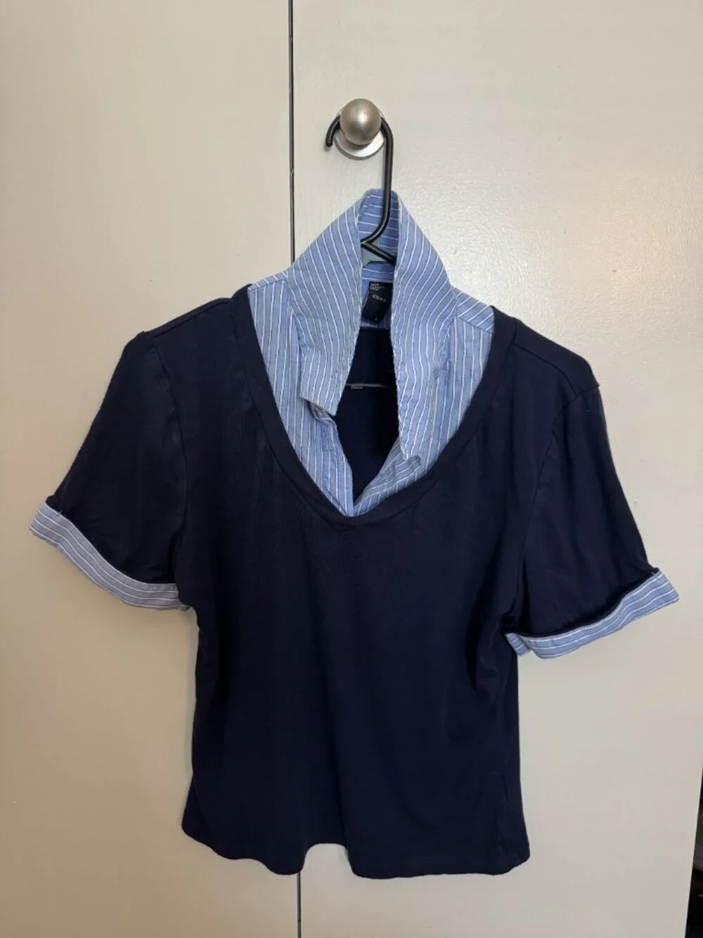 Cotton Collar Stripe Two Tone Short Sleeve Top - Picture 2 of 3